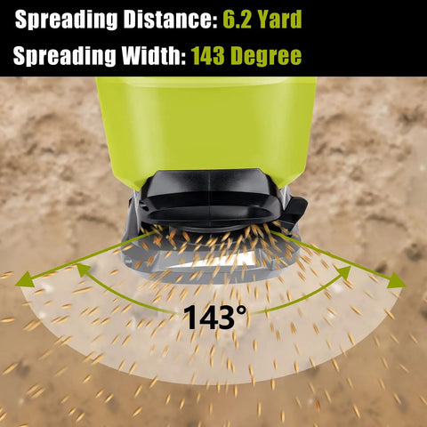 Cordless Salt And Seed Spreader For Ryobi 18V Battery, adjustable spout showing 143° spreading width over soil surface