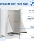 Heavy Duty Wall Entry Dog Door With Telescoping Frame built with rust-proof plastic, featuring a slick slide flap and magnetic closure.