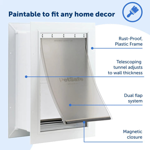 Heavy Duty Wall Entry Dog Door With Telescoping Frame built with rust-proof plastic, featuring a slick slide flap and magnetic closure.