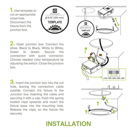 Installation guide for Six Inch LED Recessed Light Kit 15W With Five CCTs 2700K To 5000K Dimmable IC Rated Ultra Thin Canless Wafer Downlight