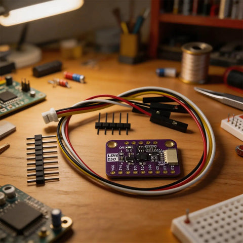 Dope 6DoF IMU Module With Accelerometer And Gyroscope For Wearables And Motion Sensing, Real Time Vibration Analysis, Tap Wake Up Detection, I2C SPI And I3C Interfaces, Tiny Yet Mighty Sensor Board For Projects on purple PCB with jumper wires