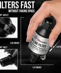 One Quarter Inch NPT Inline Water Separator For Air Compressors, Moisture Trap Filter held in hand, dimensions displayed