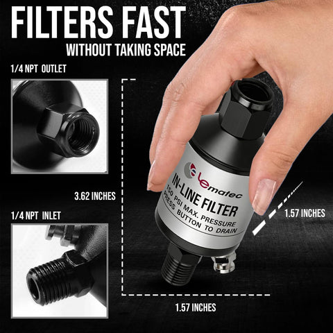 One Quarter Inch NPT Inline Water Separator For Air Compressors, Moisture Trap Filter held in hand, dimensions displayed