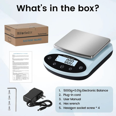 Precision Lab Scale 5000g x 0.01g Digital Balance for Laboratory and Jewelry Weighing, accessories and box displayed