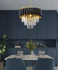 Modern Round Black Crystal Chandelier With Adjustable Cord And Chain, 15.74 Inch Diameter, Four E12 Bulbs over dining table