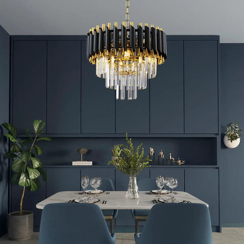 Modern Round Black Crystal Chandelier With Adjustable Cord And Chain, 15.74 Inch Diameter, Four E12 Bulbs over dining table