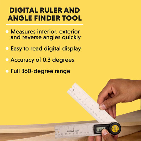 Hand using Digital Angle Finder Ruler 5 Inch Stainless Steel Woodworking Protractor Tool With Large LCD Display for angle measurement