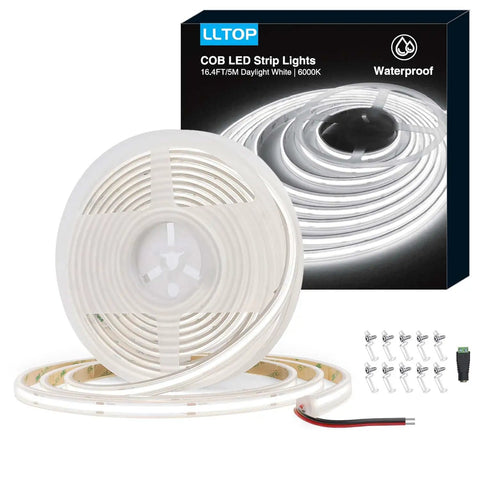 Dope COB LED Strip Lights Waterproof IP67 DC24V 6000K Daylight White 16.4Ft 5m High CRI 92Ra Outdoor Tape Lighting Cuttable