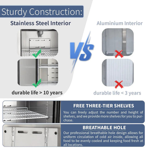 Comparison of stainless steel and aluminum interiors for 72 Inch Wide Commercial Refrigerator And Freezer Combo with durability features.