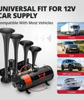 Heavy Duty 12V Train Horn Kit With Direct Wire Parallel 4 Trumpet Design Including 3L Air Tank And 120 Psi Compressor on display.