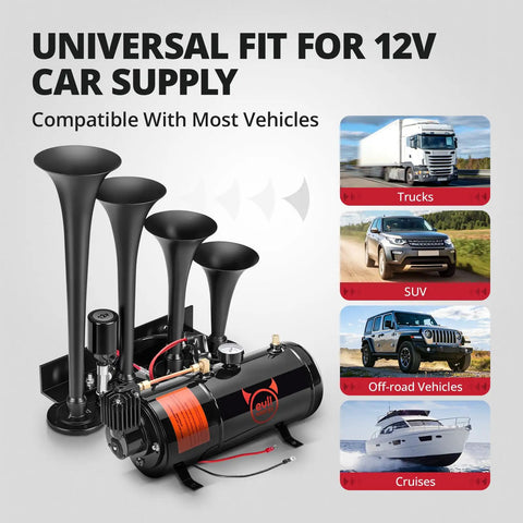 Heavy Duty 12V Train Horn Kit With Direct Wire Parallel 4 Trumpet Design Including 3L Air Tank And 120 Psi Compressor on display.