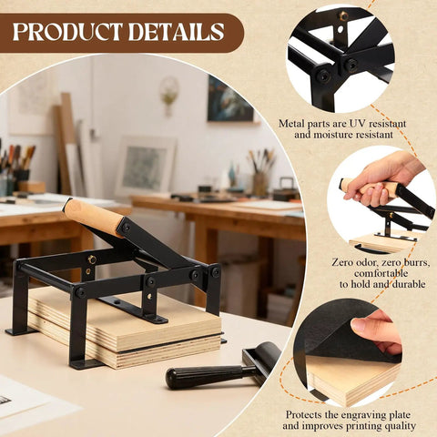 Printing Linocut Hand Lever Press Kit with Rollers and Felt Pads on table, showcasing lever mechanism and durable frame for DIY projects