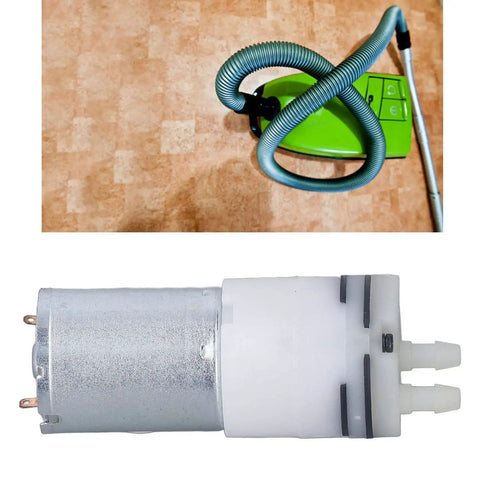 12V DC Micro Air Pump Motor for Aquarium Oxygen Circulation, Tiny But Mighty, shown with vacuum pump accessory