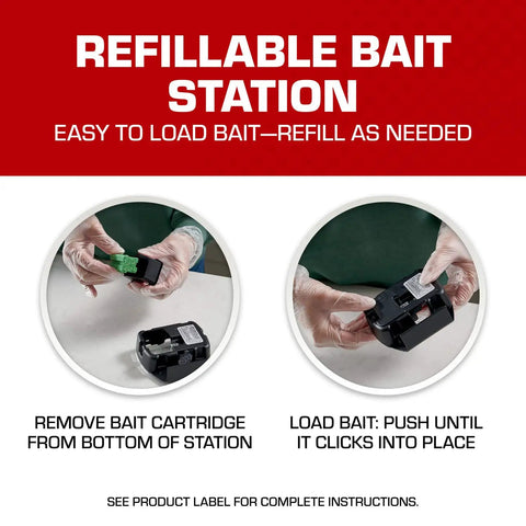 Person demonstrating how to refill Child And Dog Resistant Mouse Bait Station With Clear View Lid For Easy Monitoring Weatherproof Refillable Pest Trap For Indoor Outdoor Use Includes 16 Bait Blocks by loading bait cartridge