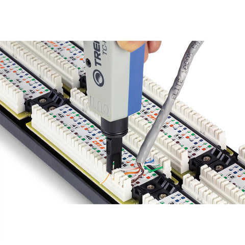 Punch Down Tool With 110 And Krone Blades For Cat5e To Cat6a Network Cables, Insert And Cut In One Operation in use on patch panel.