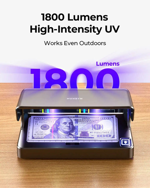 Counterfeit Bill Detector With Dual UV LED Lights For All Currencies And ID Verification, displaying 100 USD bill, 1800 Lumens