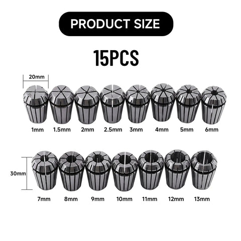 Pro Grade Heavy Duty 15 Piece ER20 Collet Set Ranging 1 To 13 mm in Metric Steel with 65Mn Spring Steel Construction