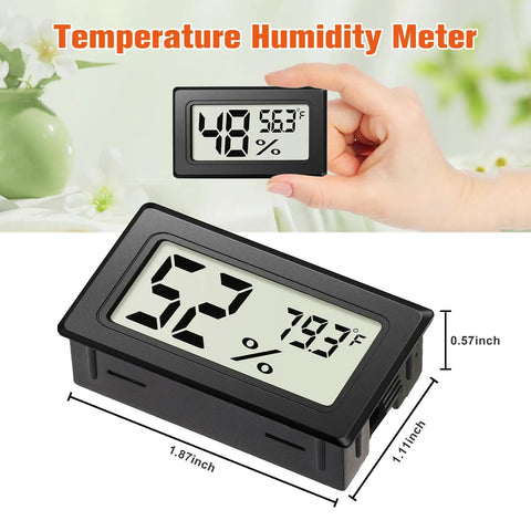 Six Pack Mini Hygrometers For Indoor Humidity And Temperature, digital black LCD meter shown in hand, 1.87x1.11x0.57 inch