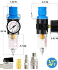 Air Compressor Moisture Filter With Water Separator, 1/4 Inch NPT Inlet, 150 PSI Gauge, Shutoff Valve shown with components