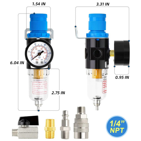 Air Compressor Moisture Filter With Water Separator, 1/4 Inch NPT Inlet, 150 PSI Gauge, Shutoff Valve shown with components