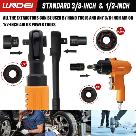 Heavy Duty Lug Nut Remover And Bolt Extractor Set One Half Inch And Three Eighth Inch Drive Tough As Nails For Removing Damaged Bolts Chrome Molybdenum Steel with socket attachments and power tool.