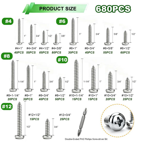 680 Piece Stainless Wood And Sheet Metal Screw Kit With Pan Head Self Tapping Screws 304 Stainless Steel 18 Sizes From One Quarter Inch To One And One Half Inch Heavy Duty Fasteners For Wood Metal And Diy Projects size chart, #4 to #12 screws