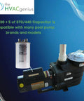 Beefy Dual Run Capacitor 30/5 uF 370/440V For AC Units And Heat Pumps shown next to compatible pool pump motor