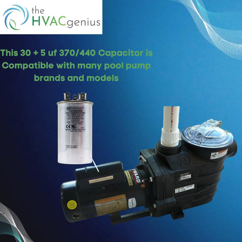 Beefy Dual Run Capacitor 30/5 uF 370/440V For AC Units And Heat Pumps shown next to compatible pool pump motor