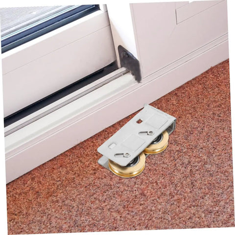 Rock Solid Heavy Duty Double Wheel Sliding Door Pulley Two Pack Stainless Steel Roller Kit on carpet for patio doors.