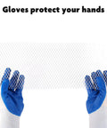 Hands wearing blue gloves holding 5 Inch Gutter Guard Roll With Gloves Bundle For Gutters, Aluminum Leaf Filter Protection roll.