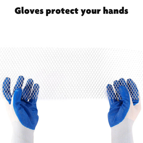 Hands wearing blue gloves holding 5 Inch Gutter Guard Roll With Gloves Bundle For Gutters, Aluminum Leaf Filter Protection roll.