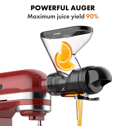 Masticating juicer attachment for KitchenAid stand mixer, slow cold-press with dual feed chute, installed on red mixer