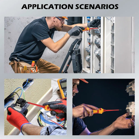 Electricians using 1000V Insulated Electrician Screwdriver Set With Pro Grade Magnetic Tips in various electrical tasks.