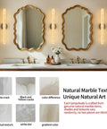 Natural Alabaster Brass Wall Sconce, Modern Bronze Marble Sconce in elegant bathroom setting with mirrors and gold fixtures.