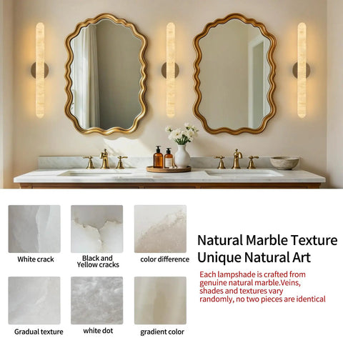 Natural Alabaster Brass Wall Sconce, Modern Bronze Marble Sconce in elegant bathroom setting with mirrors and gold fixtures.