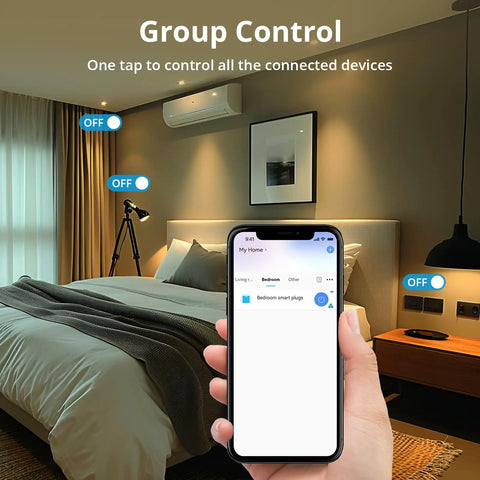 Hand holding phone with app showing 4 Pack S31 WiFi Smart Plug With Energy Monitoring and 15A Outlet in bedroom setting