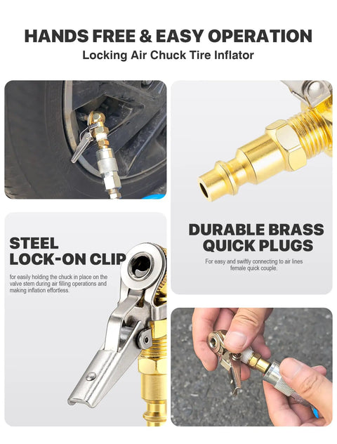 2 Pack 1 Quarter Inch FNPT Closed Ball Tire Inflator with Clip and Locking Quick Connect Clip on Air Chucks in use