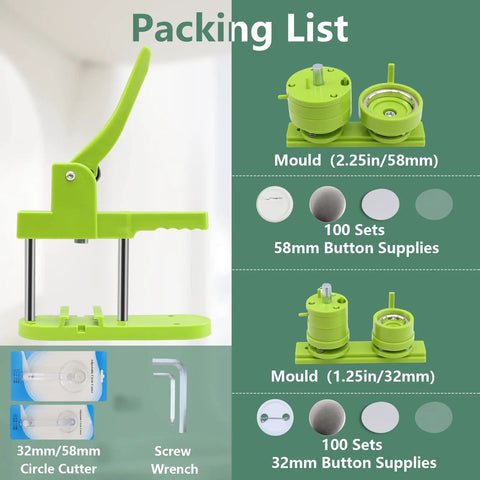 Packing list of All In One Button Maker Kit With Interchangeable 32mm And 58mm Dies, Pin Badge Maker Machine, and supplies.