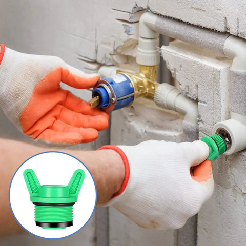 Hands installing 10 Pack 3/4 Inch NPT Garden Hose Plugs Set In White And Green PPR Tubing Stopper Drain Caps onto a pipe fitting