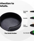 Close-up of black leather coaster holder with rounded edges. Six Leather Coasters With Holder Set For Home Bar And Office Use Microfiber PU Leather Drink Coasters For Weddings Parties And Family Tables Keeps Surfaces Protected Party Ready Decor.