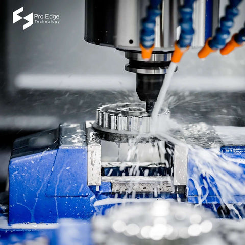 Close-up of a carbide end mill, 1/8-inch, cutting a gear blank in a blue vise with coolant spray.