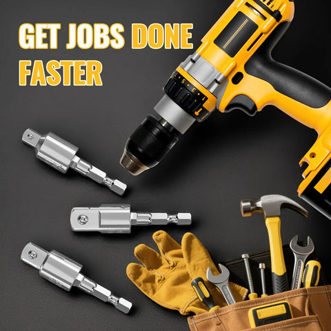 360 Rotatable Socket Adapter Set For Drill Tools 3 Piece Impact Grade Adapters with tools and drill on black background