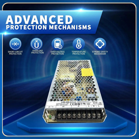 Rock Solid 200W 5V 40A Enclosed AC-DC Power Supply With Single Output for Industrial Use, Fanless Design, Wide Temperature Range -25C to 70C, High Efficiency, Ultra Low Standby Power, Burn-In Tested, 3-Year Warranty, metal housing with terminal block and protection icons