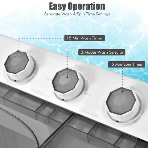 Easy operation control panel for Compact Twin Tub Portable Washing Machine With Separate Wash And Spin Dryer with timer knobs.