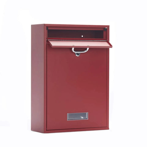 Wall Mounted Locking Vertical Dropbox Mailbox For Ultra Secure Mail Delivery In Durable Galvanized Steel Large Red With Full Open Bin Door And Two Keys For Easy Deposits And Magazine Drops