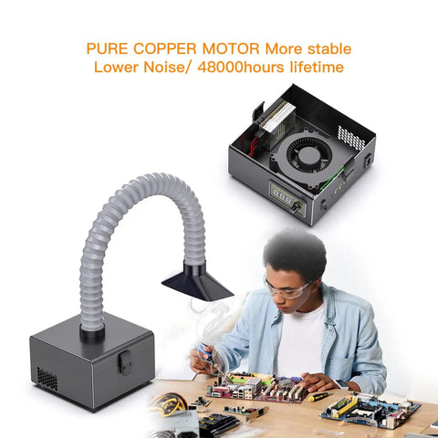 Heavy Duty Fume Extraction System With USB And LED, 150W in use during soldering, displaying strong suction and adjustable hose.