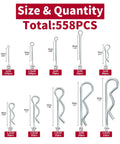 Diagram showing various sizes and quantities of Assorted Cotter Pins Kit Zinc Plated Steel Pins Hair Pins Hitch Pins Clips Fasteners