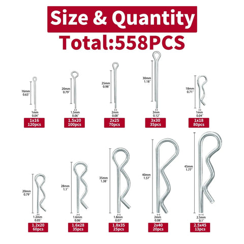 Diagram showing various sizes and quantities of Assorted Cotter Pins Kit Zinc Plated Steel Pins Hair Pins Hitch Pins Clips Fasteners