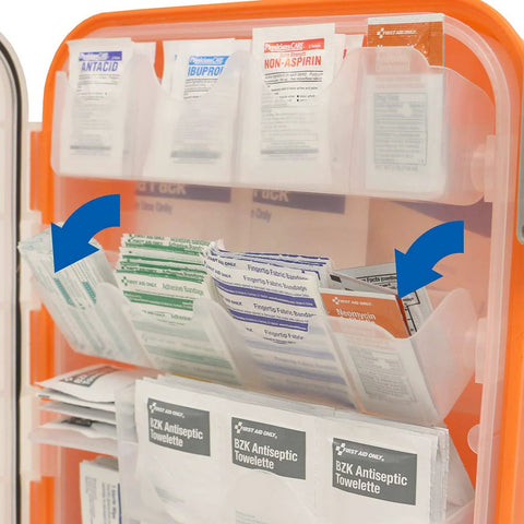 Front view of orange plastic first aid kit opened, displaying 336-piece assortment of labeled packets and wipes.