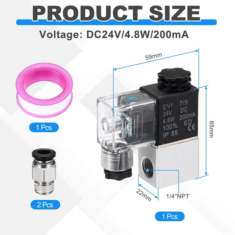 Dope Pneumatic Solenoid Valve For CNC Machines And Industrial Gear, Quarter Inch NPT, 24V DC, includes connector and tape
